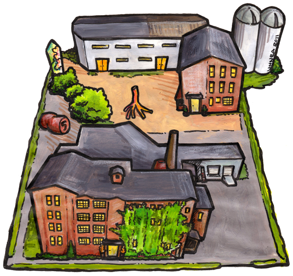 Illustrated map of the Casket Arts campus: the main building, Carriage House, and Factory