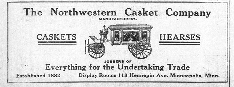 1914 Minneapolis Journal advertisement: The Northwestern Casket Company: Caskets, Hearses, Everything for the Undertaking Trade